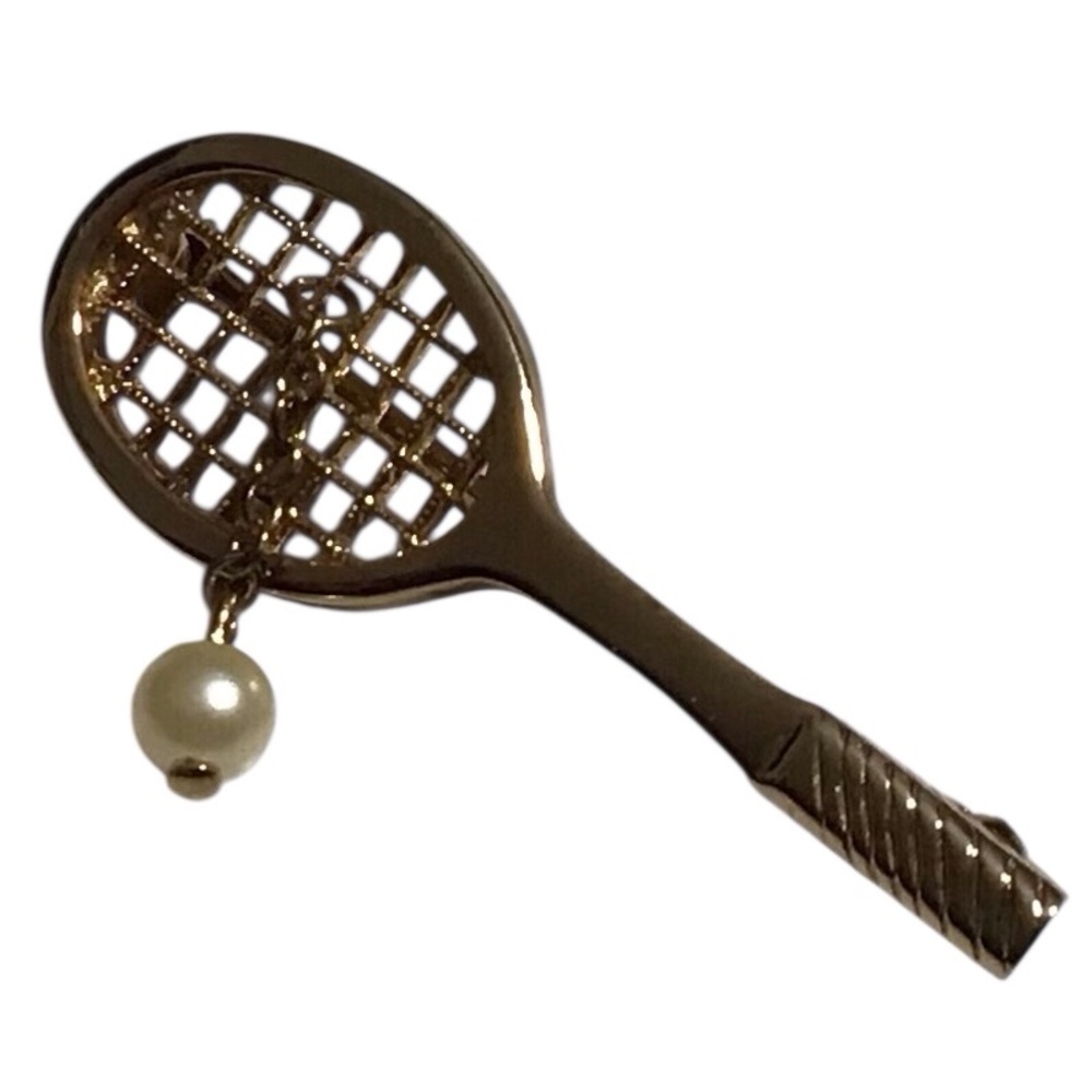 Avon Tennis Racket Brooch Pearl Ball Chain Gold Tone Fashion Jewelry Vtg